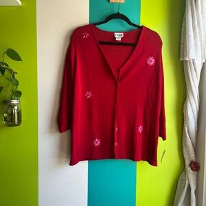 Vintage Clio Red Silk Cardigan with Pink Floral Detail